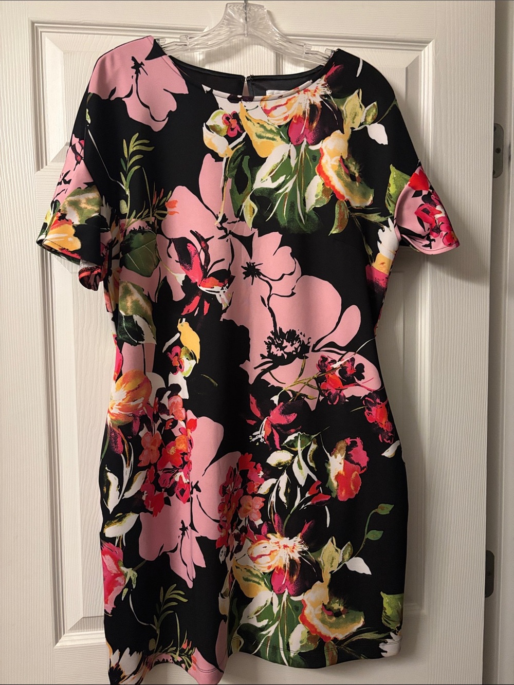 New York & Company Black Floral Mini Dress with Pink and Green Accents
